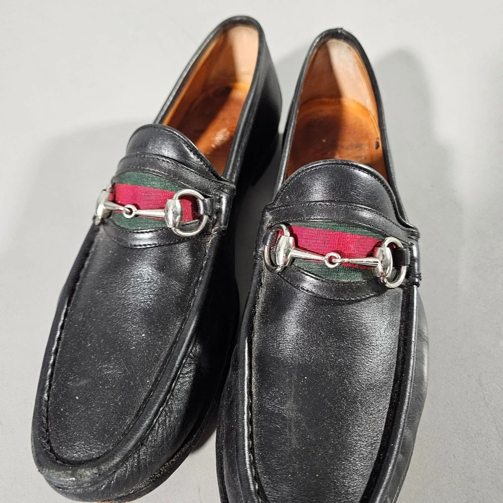 Gucci Horsebit Loafers Men 9.5 Black Leather Web Stripe 157440